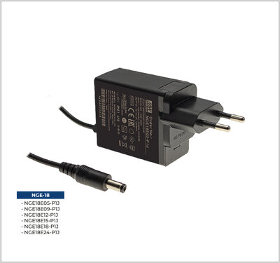 NGE18E18-P1J Mean Well  18V 1A 18W Medikal Adaptör / Trafo - Duvar Tipi - 1