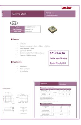 UVC-PU35CL1-V1-A43, Ultura viyole, UVC, Ulturaviolet led, Lextar UVC Led , 275nm, 20mA,6.0vdc, Rf:2.7mW, 3535 l - 6